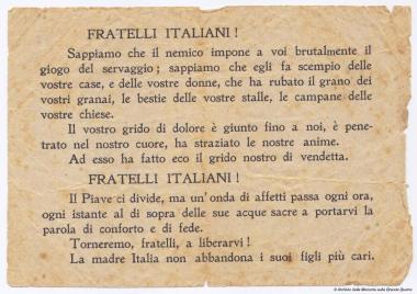 Volantino lanciato da velivoli italiani per rincuorare le popolazioni delle loca